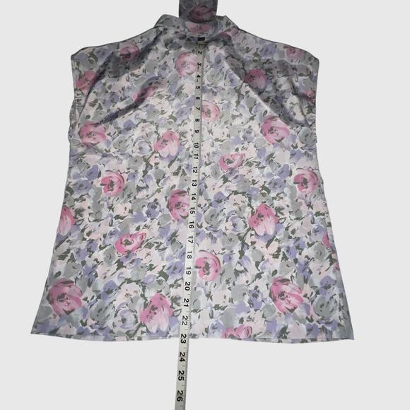 Vintage 80’s Cap Sleeve Button Front Cravat Bow Blouse Russ Petites Florals PM - Picture 7 of 8